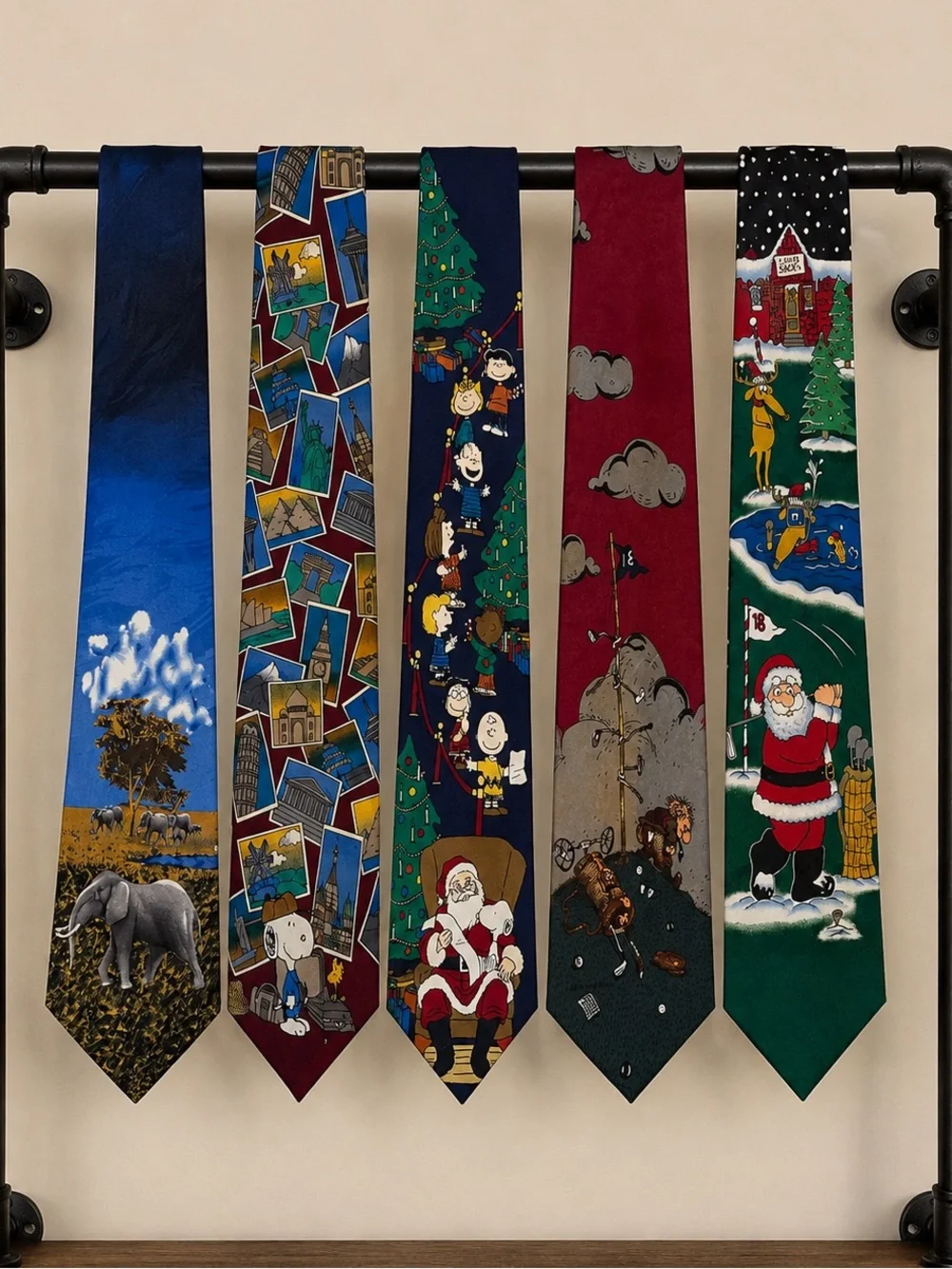 Vintage Novelty Necktie Lot of 5 Peanuts Christmas Golf Elephant Travel Ties